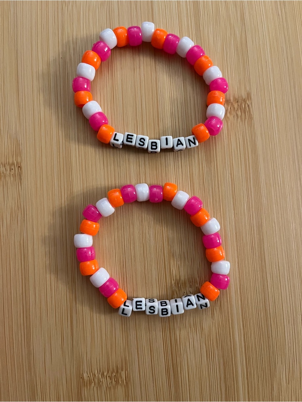 Letter Bead 'LESBIAN' Stretch Bracelet Duo in Pink, Orange & White